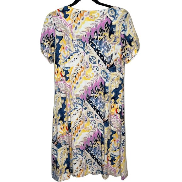 Chicos Abstract Paisley Dress Small Blue Yellow Short Sleeve Stretch - Picture 9 of 11